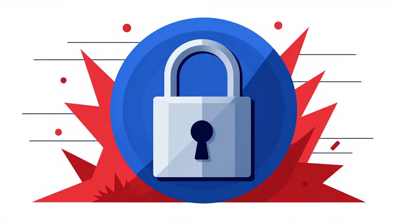Cadenas géométrique protégé par un bouclier bleu dans un style cartoon bauhaus