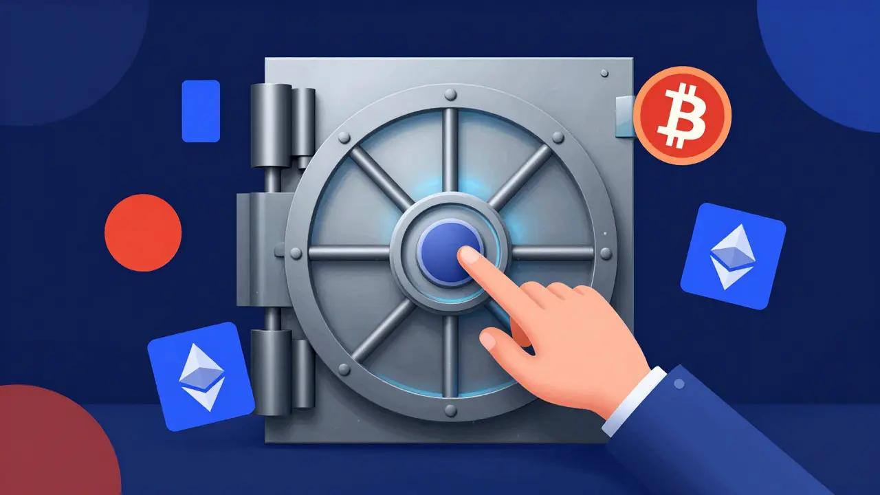 Coffre-fort géométrique stylisé protégeant des icônes de cryptomonnaies dans un style bauhaus