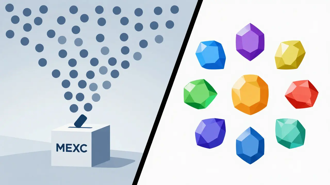 Comparaison graphique en style Bauhaus entre les jetons ZAM et les NFT uniques dans un écosystème crypto