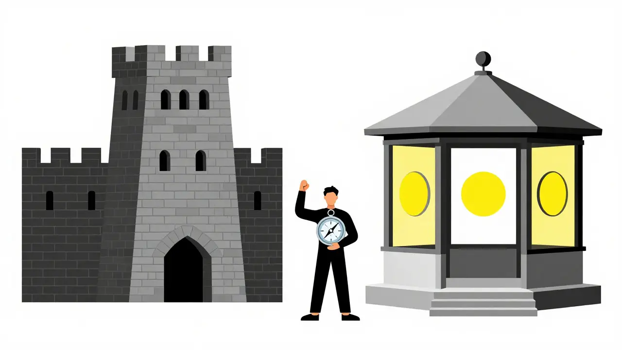 Contraste visuel entre une forteresse stricte et un pavillon ouvert illustrant NY vs Californie
