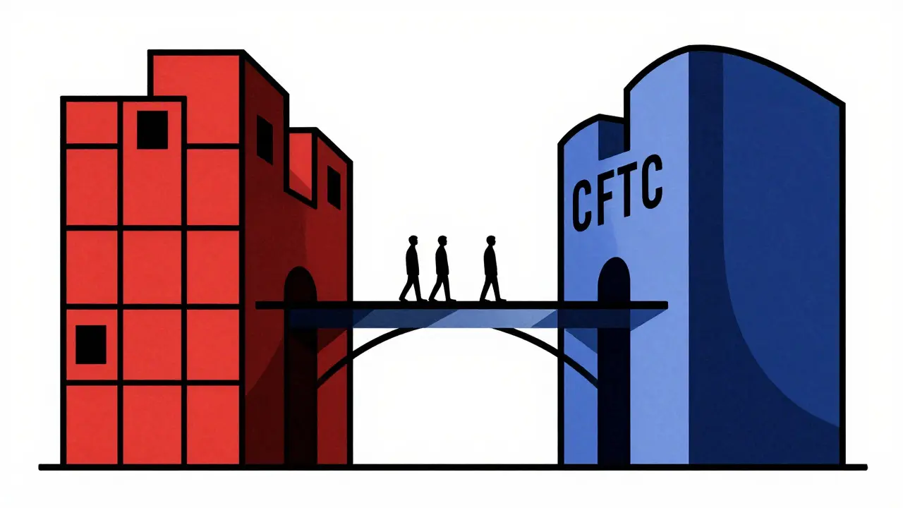 Deux structures architecturales connectées symbolisant l'accord entre la SEC et la CFTC