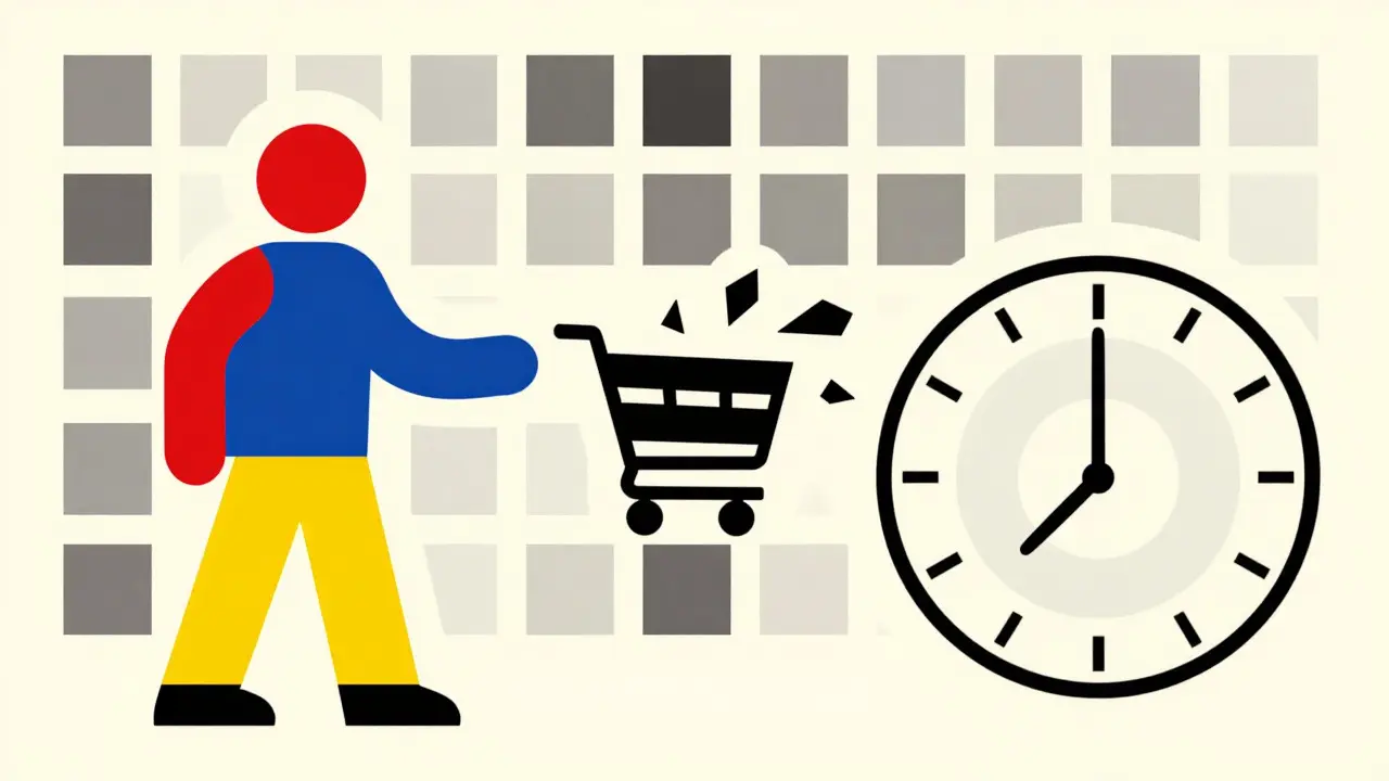 Figure abstraite devant un panier d'achat qui se désintègre en formes géométriques