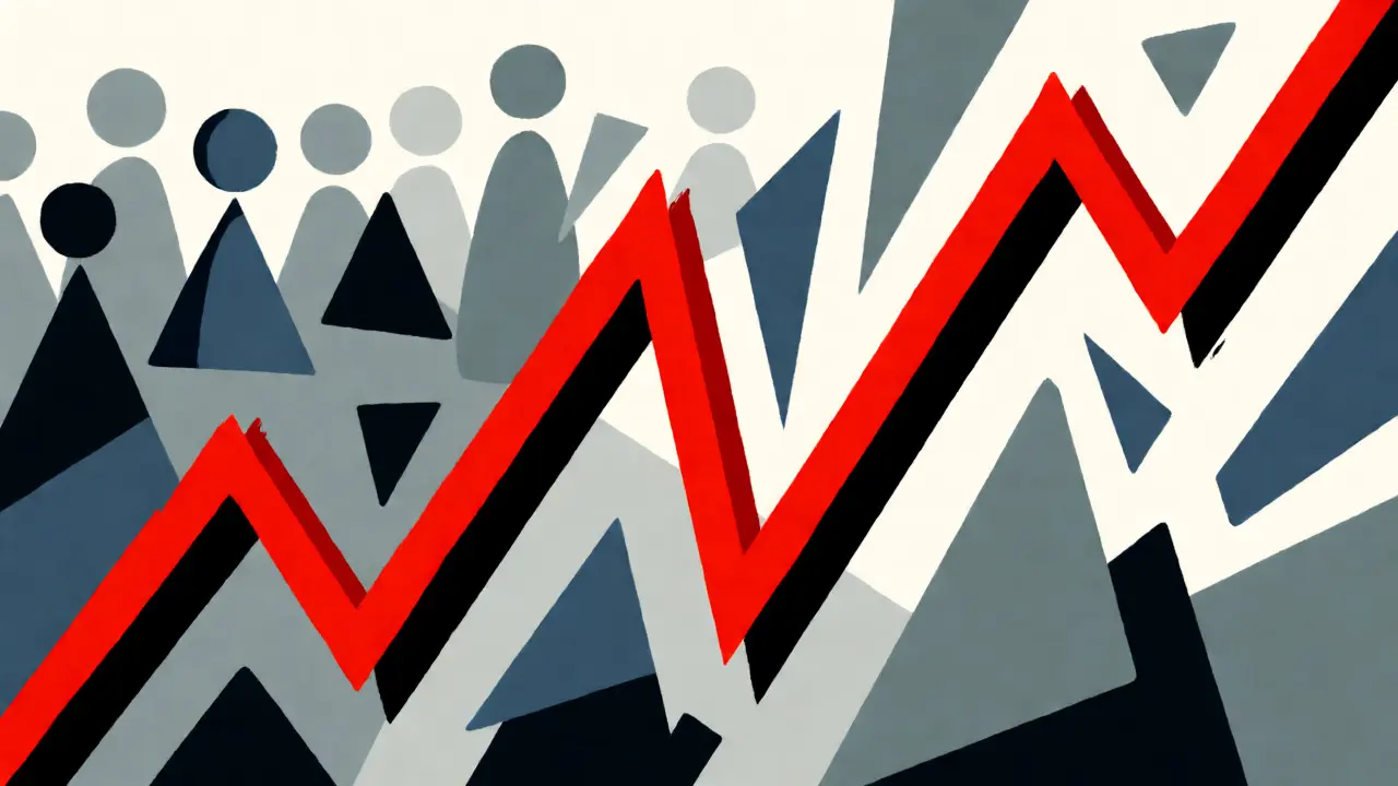 Graphique en zigzag rouge et noir avec des formes fragmentées représentant la chute brutale du prix.