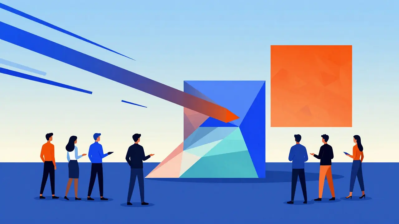 Illustration Bauhaus : convergence futuriste des architectures blockchain en formes géométriques unifiées