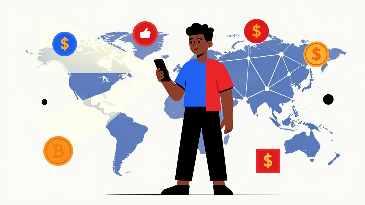 Jeune homme avec un smartphone émettant des formes numériques dans un style Bauhaus