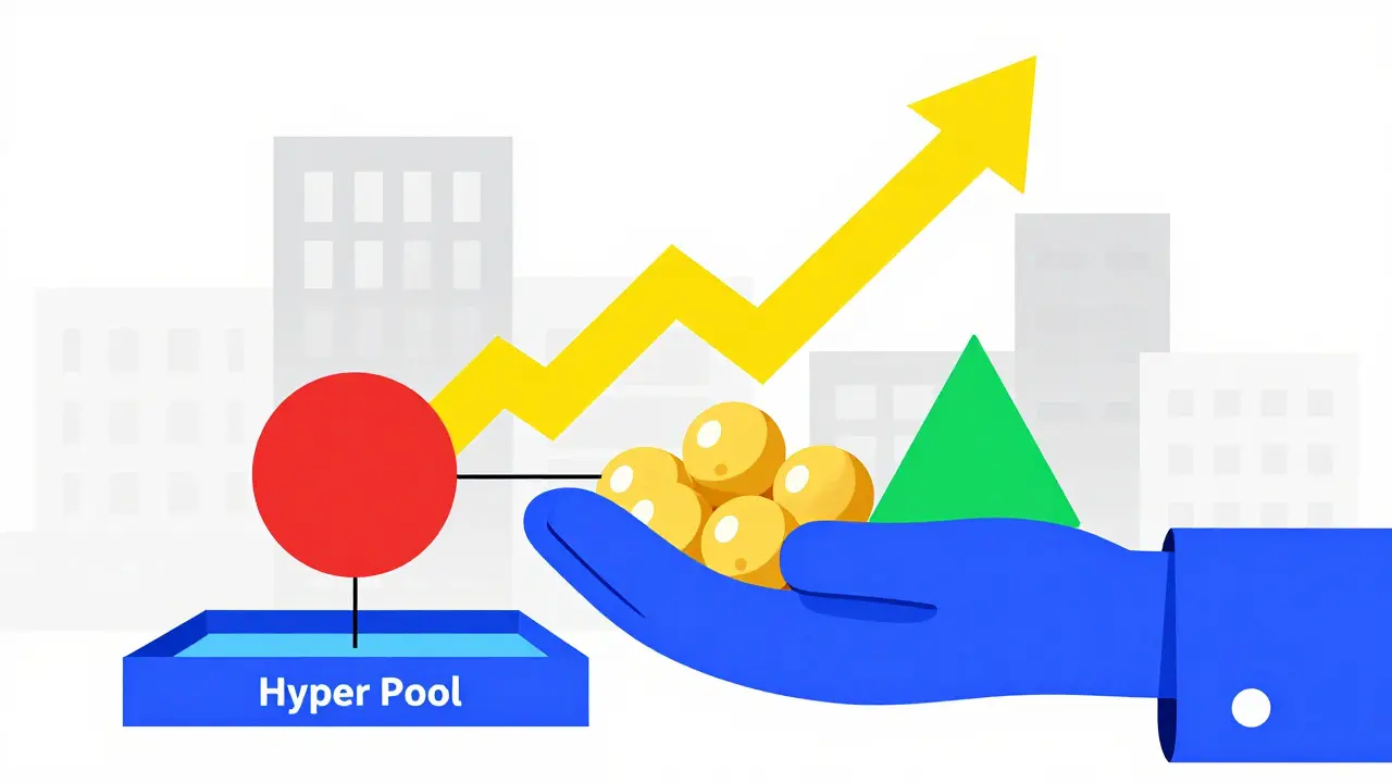 Main abstraite tenant des jetons dorés connectés à des pools de liquidité