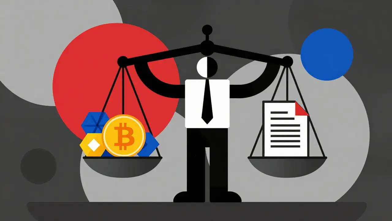 Personnage géométrique tenant une balance avec des symboles de crypto et documents fiscaux, style Bauhaus.