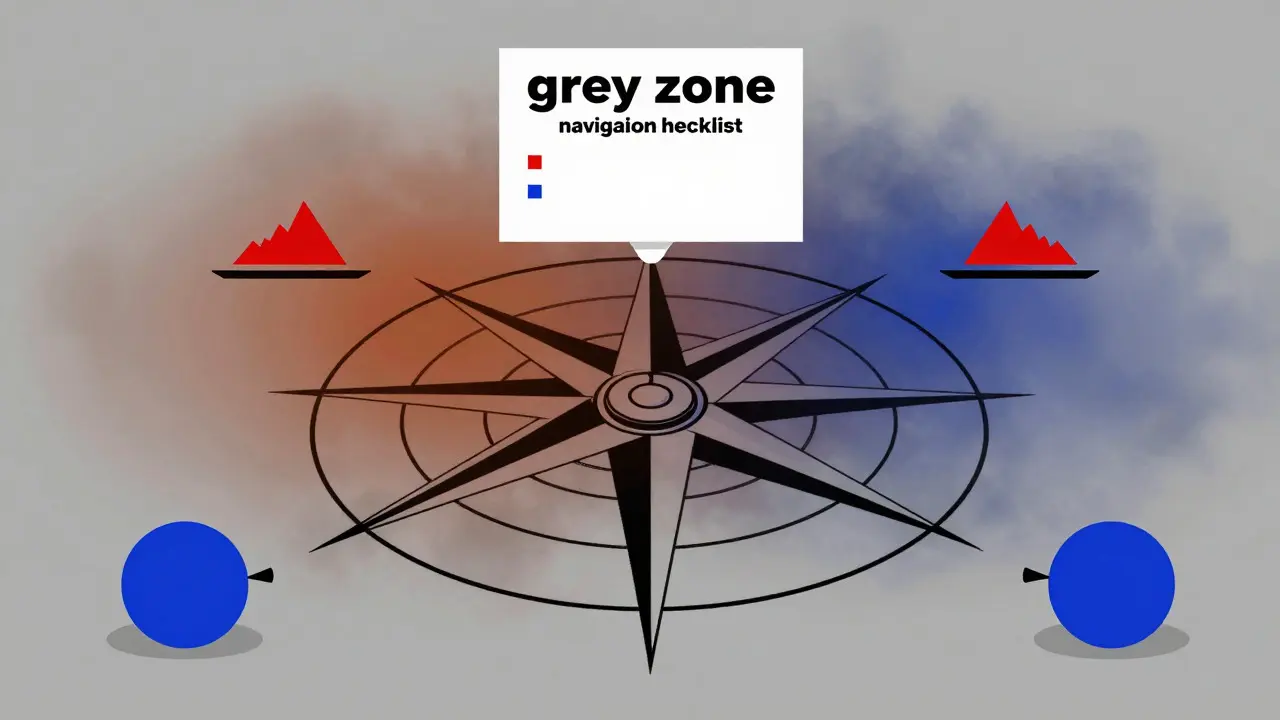 Représentation géométrique Bauhaus de la navigation dans la zone grise vers la conformité.