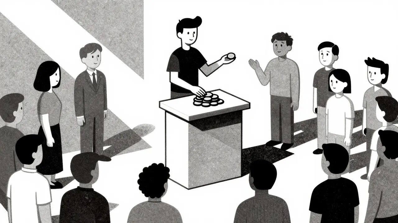 Scène illustrée au style bauhaus montrant la distribution de jetons à une foule stylisée