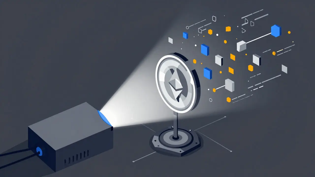 Style bauhaus montrant une pièce numérique scannée par un faisceau lumineux, représentant le reporting des données crypto.