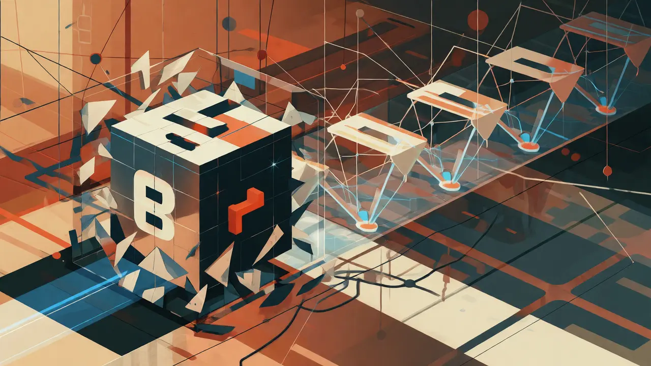 Art conceptuel Bauhaus montrant un réseau de nœuds interconnectés et des formes quantiques futuristes.