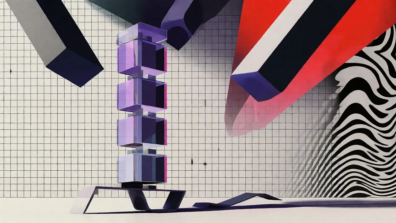 Art conceptuel Bauhaus montrant une tour instable symbolisant les risques du token Solberg.