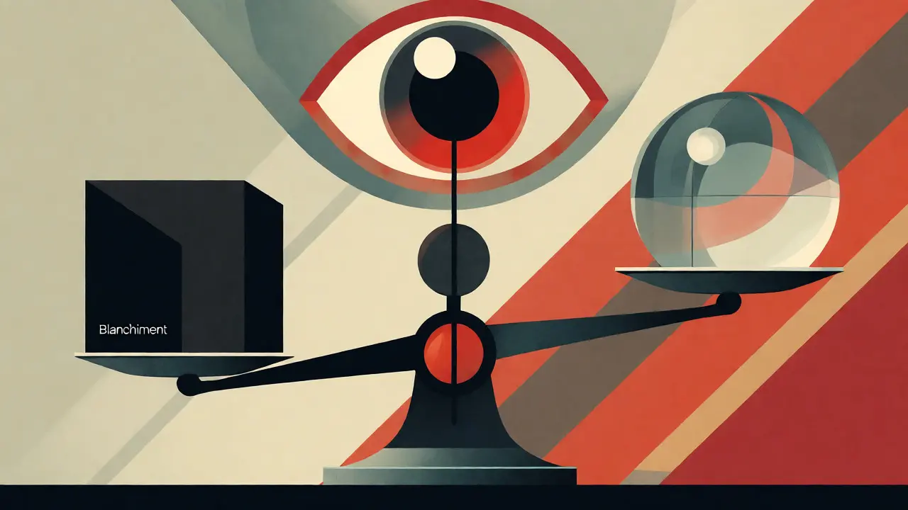Balance abstraite en style Bauhaus entre blanchiment d'argent et trading simple.
