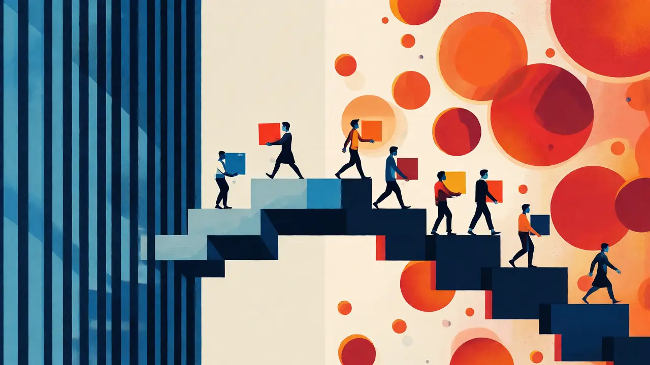 Composition Bauhaus opposant le système bancaire rigide au marché crypto dynamique.