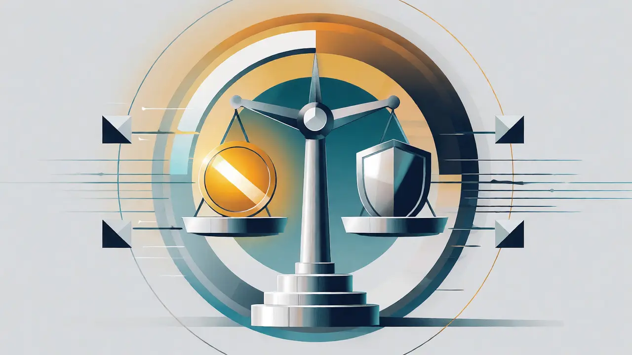 Dessin Bauhaus d'une balance avec une pièce d'or et un bouclier pour illustrer la preuve d'enjeu.