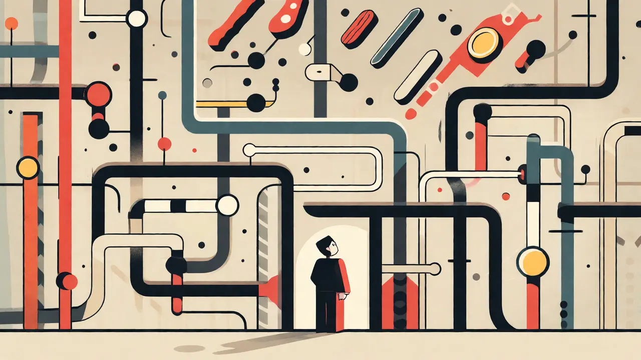 Dessin style Bauhaus d'une personne face à un labyrinthe abstrait représentant la complexité DeFi.