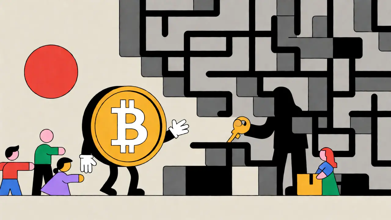 Dessin style Bauhaus montrant des pièces crypto bloquées derrière un labyrinthe bureaucratique