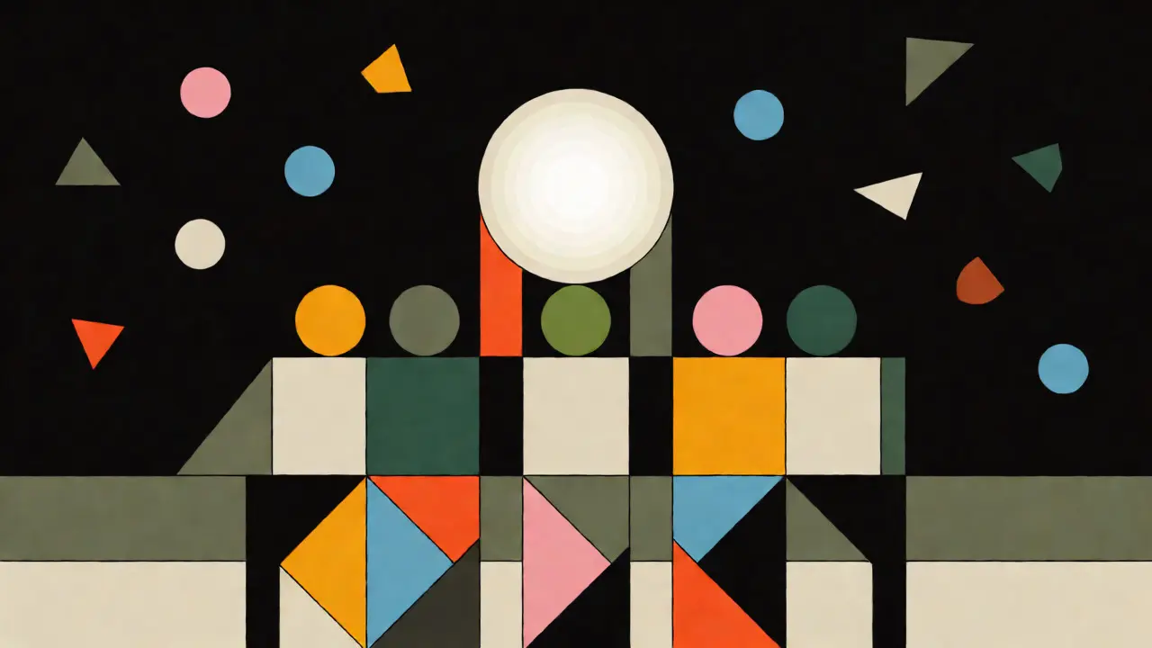 Figures géométriques soutenant une sphère centrale dans un style Bauhaus épuré.