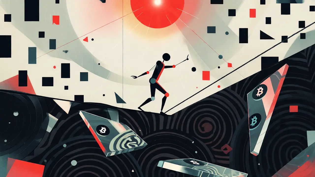 Funambule équilibré au-dessus d'un abstrait marché crypto en style Bauhaus.