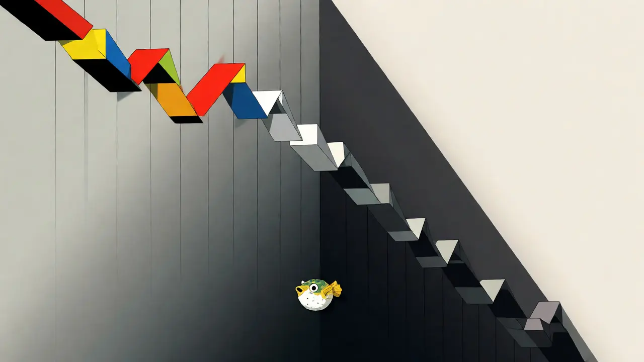 Graphique en chute libre de style Bauhaus avec un petit poisson-globe isolé au fond d'un vide sombre.