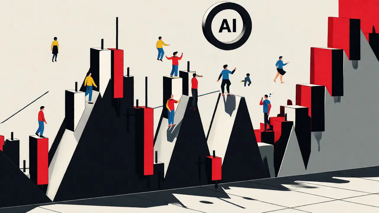 Graphiques volatils en style Bauhaus avec investisseurs géométriques confus.