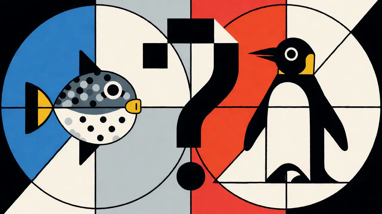 Illustration Bauhaus comparant un poisson-globe et un pingouin géométriques pour illustrer la confusion des noms.
