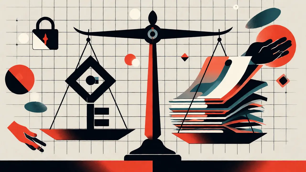 Illustration Bauhaus d'une balance entre une clé cryptographique et des documents juridiques flous pour les droits NFT.
