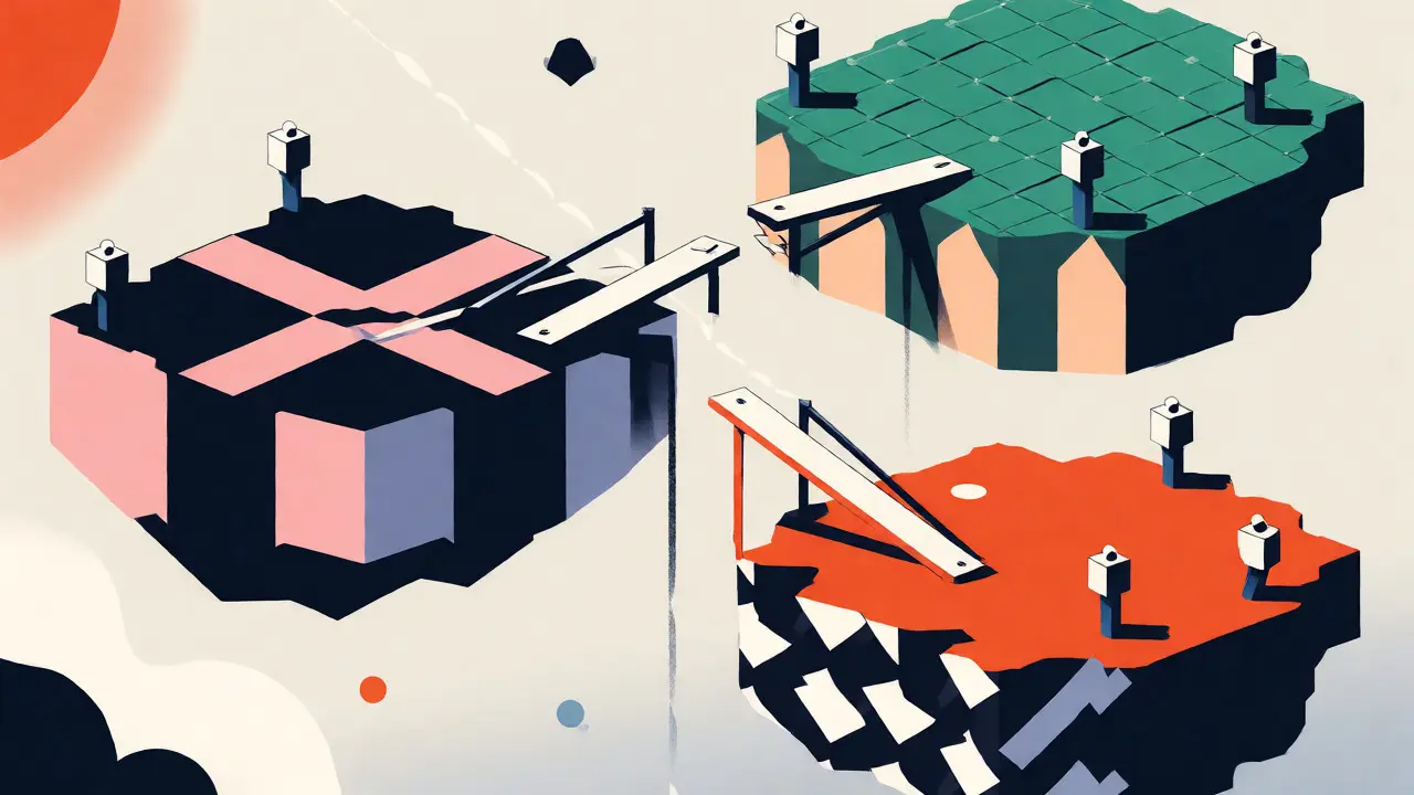 Illustration Bauhaus montrant des îles géométriques isolées représentant les blocs-chains incompatibles entre eux.