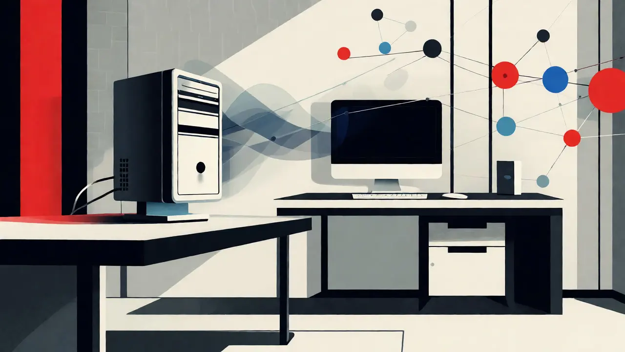 Ordinateur domestique servant de nœud blockchain dans un style minimaliste.