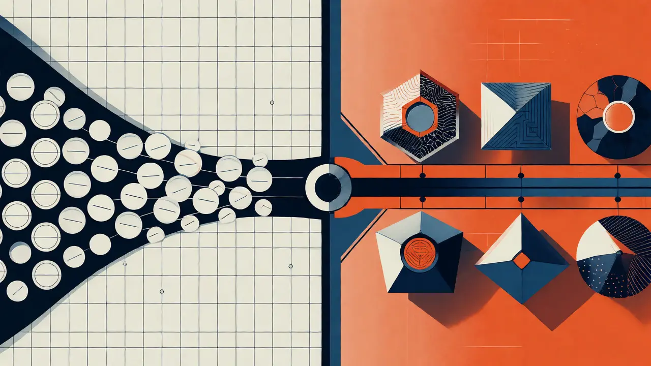 Représentation graphique Bauhaus séparant les tokens fongibles des NFT uniques