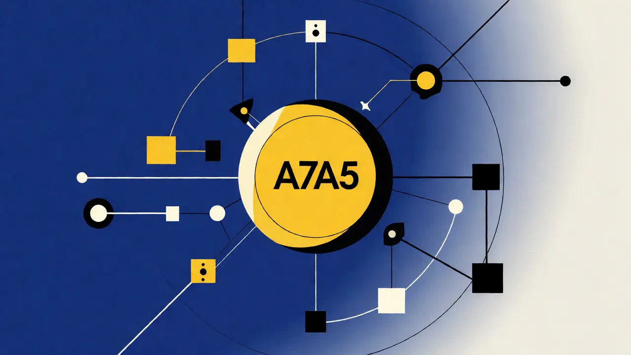 Représentation graphique du stablecoin A7A5 au centre d'un réseau de connexions blockchain et bancaires selon le style Bauhaus.
