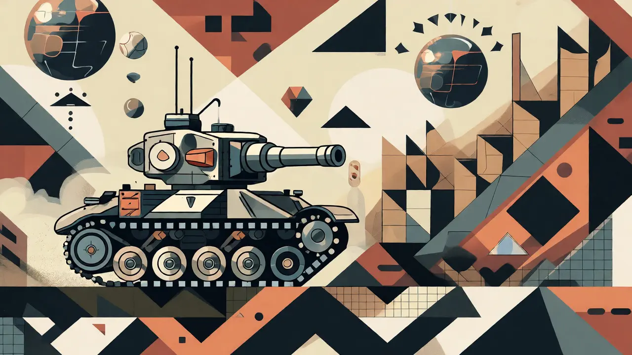 Scène abstraite Bauhaus du jeu Age of Tanks avec chars mécaniques sur Terre Zéro