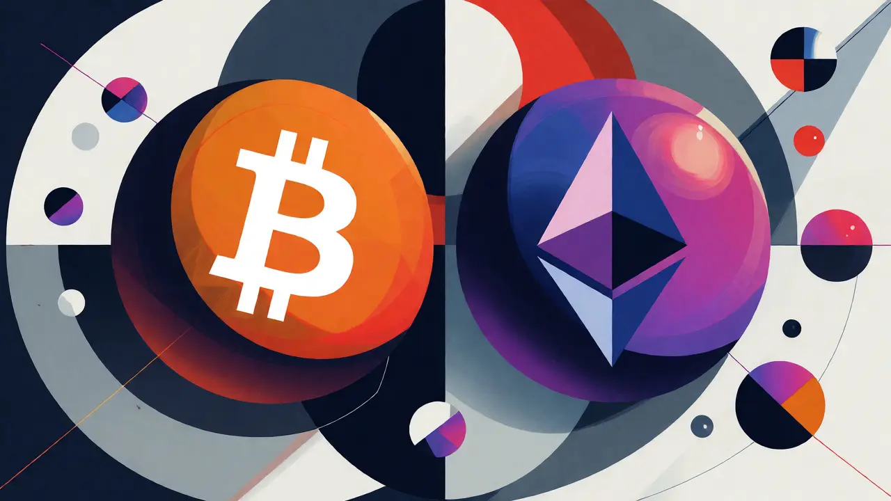 Sphères dominantes Bitcoin et Ethereum entourées de petits éléments alternatifs
