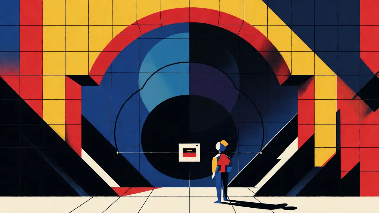 Art Bauhaus montrant une arche colorée de l'airdrop au-dessus de formes triangulaires noires représentant les pièges du phishing.