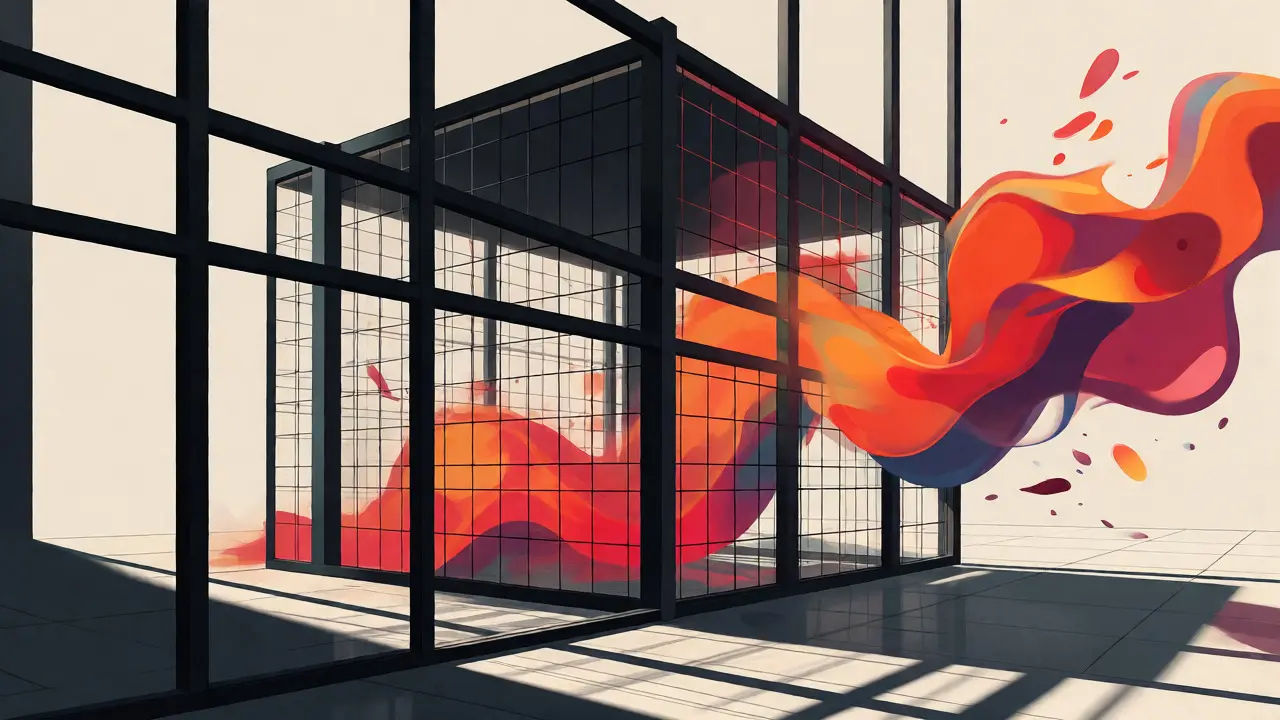 Art Bauhaus montrant une structure rigide encadrant des formes dynamiques, symbolisant les restrictions réglementaires face à l'innovation tech vietnamienne.