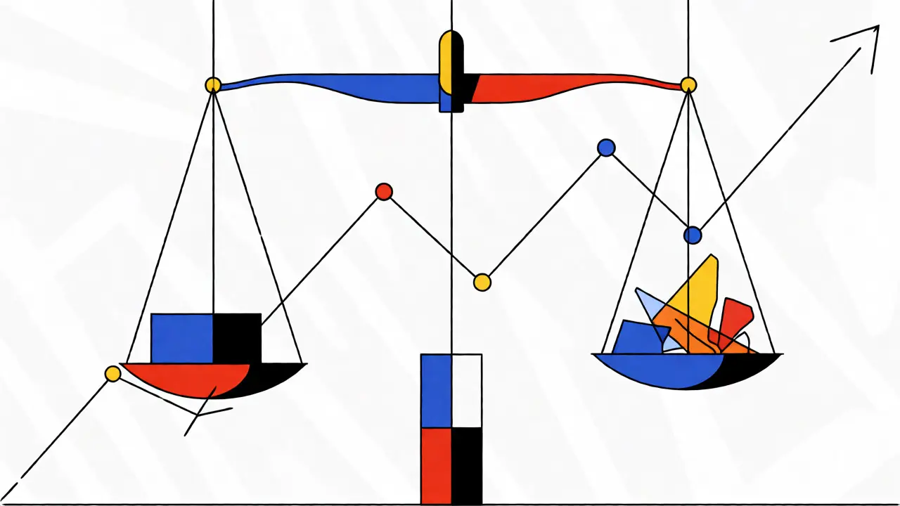 Balance Bauhaus équilibrant blocs solides et éclats de verre colorés pour les risques crypto.