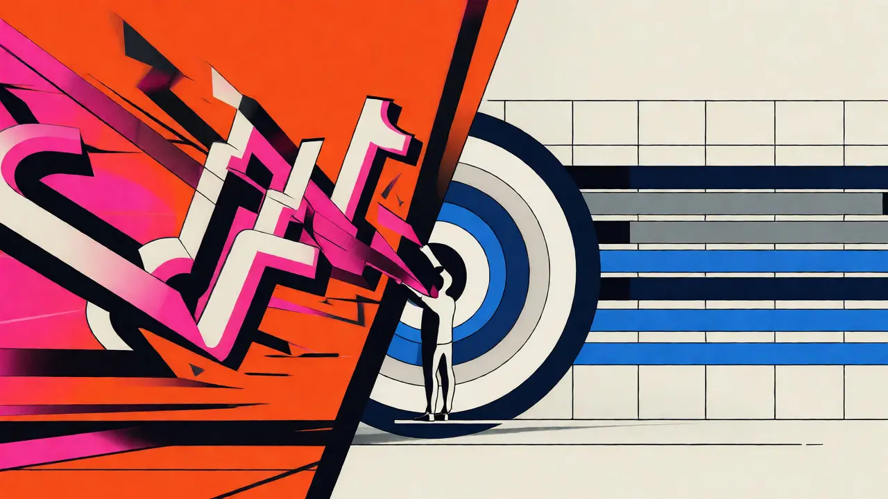 Comparaison visuelle Bauhaus entre la volatilité rapide de TikTok et la tendance stable de Twitter sur le marché crypto.