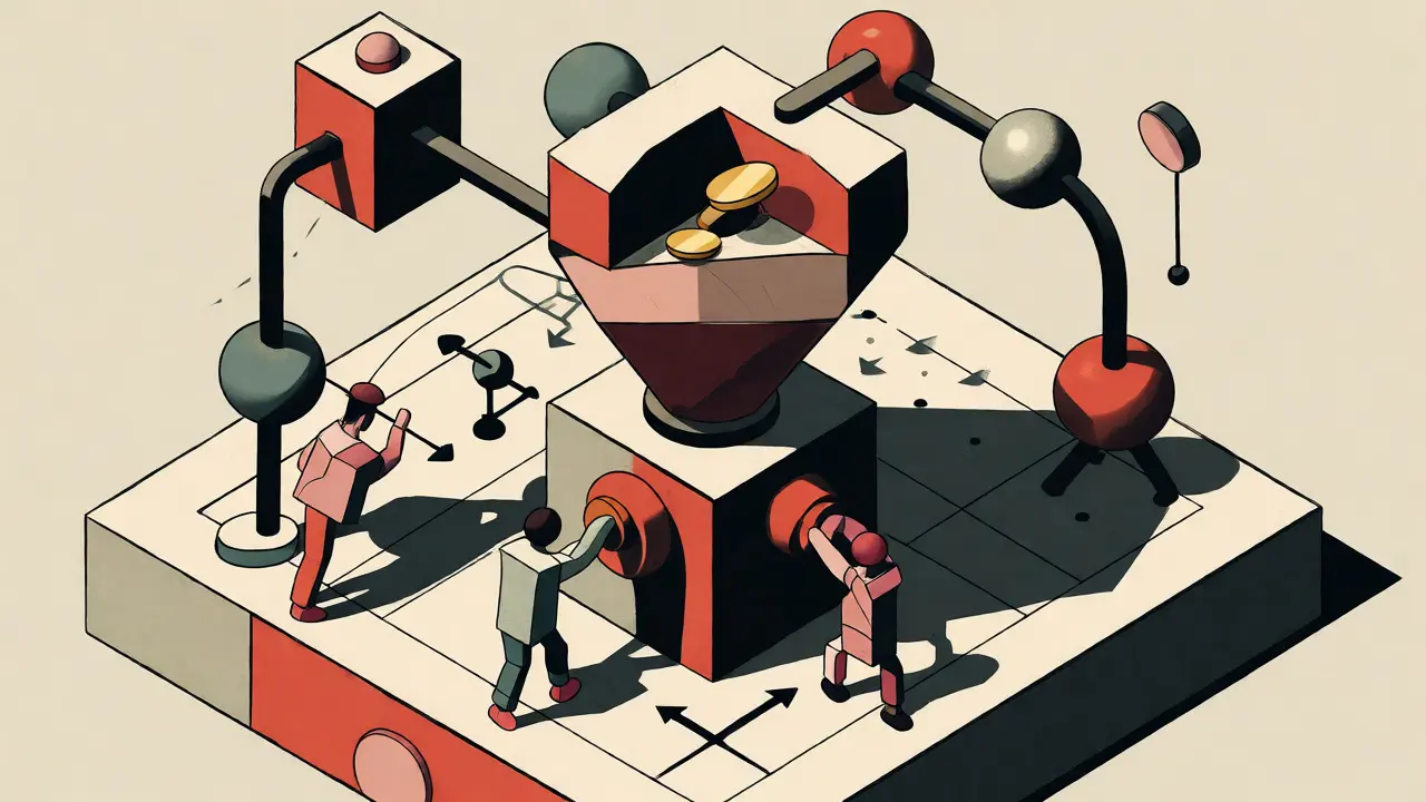 Dessin Bauhaus montrant un mécanisme de staking communautaire fragile.