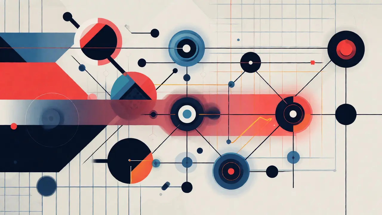Flux d'actifs abstraits circulant entre des nœuds de protocoles interconnectés, style Bauhaus.