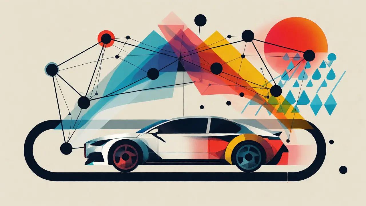 Futurisme Bauhaus montrant l'intégration IoT et IA dans l'assurance automobile connectée.