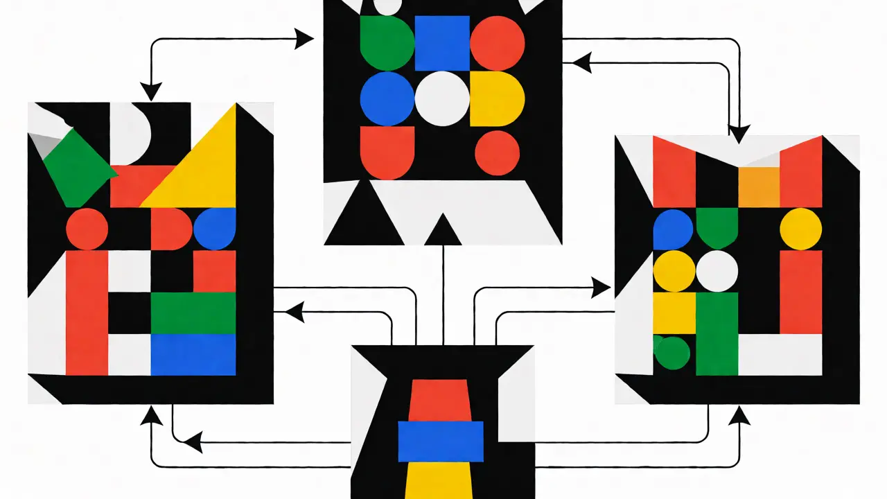 Graphisme Bauhaus montrant la comptabilité par portefeuille avec des blocs séparés pour chaque wallet.