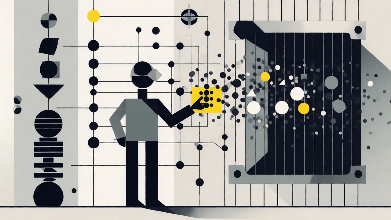 Illustration Bauhaus montrant des utilisateurs filtrés par un réseau de nœuds blockchain.