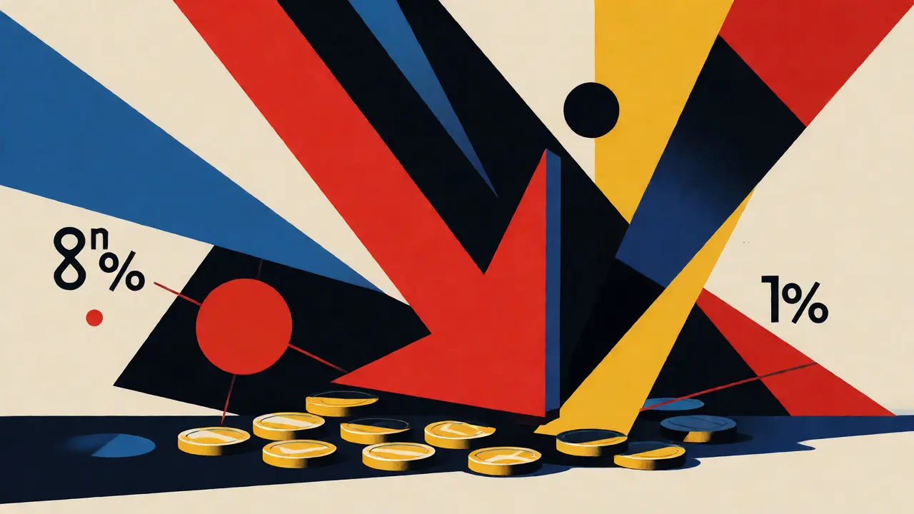 Métaphore visuelle Bauhaus d'une taxe écrasante sur les actifs numériques via formes primaires.