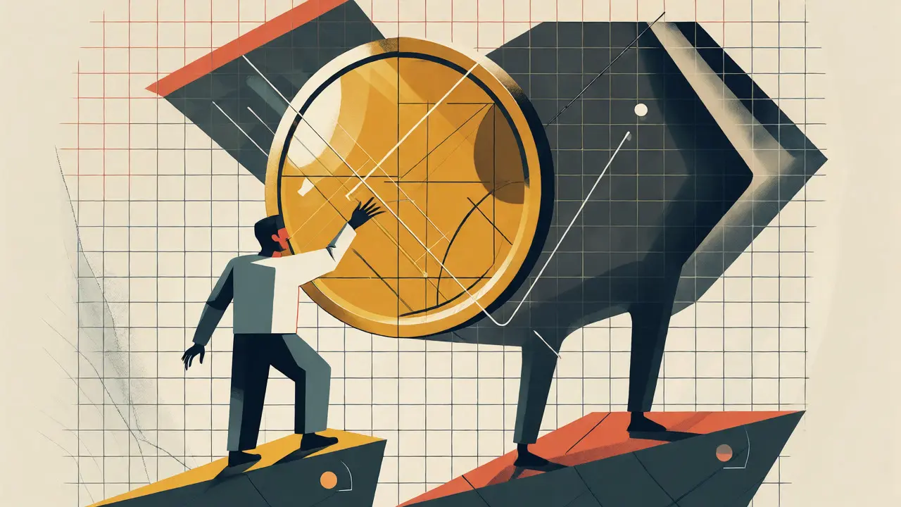 Mise en scène Bauhaus illustrant les risques cachés et la précarité de l'investissement dans les memecoins guidés par le FOMO.
