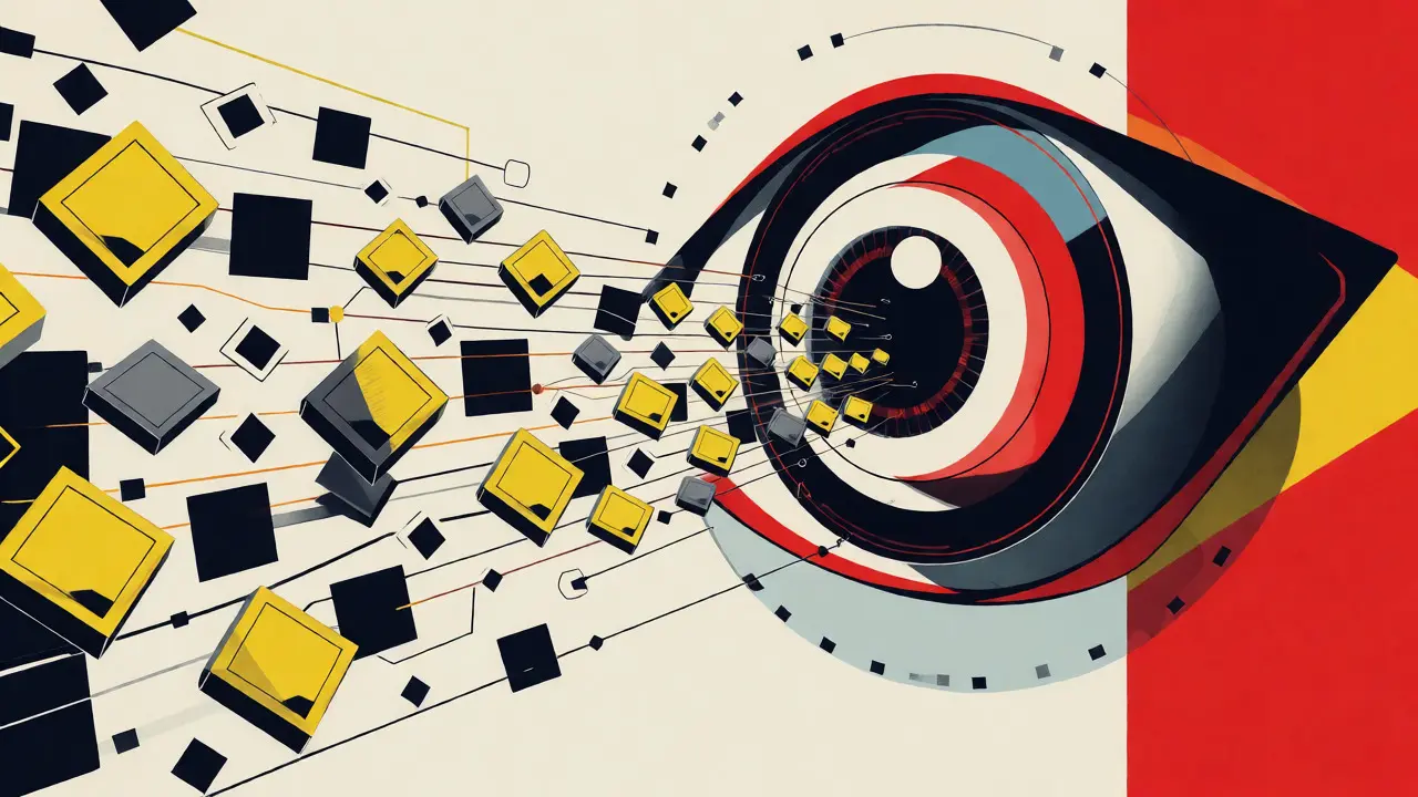 Œil robotique abstrait scannant un flux de jetons numériques colorés.