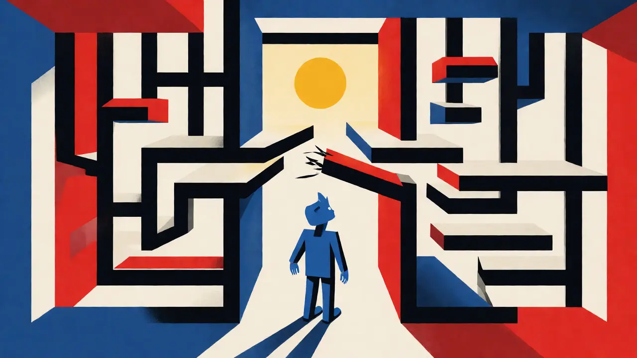 Personnage bleu piégé dans un labyrinthe de lignes noires et formes primaires.