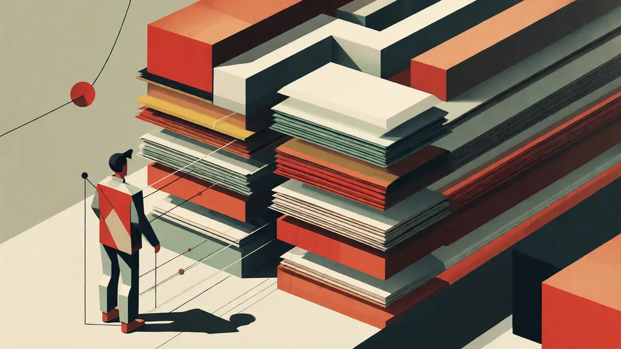 Scène Bauhaus d'un individu face à une pile complexe de blocs administratifs et juridiques.