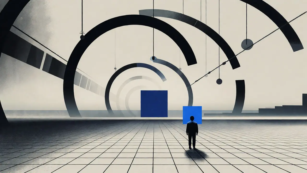 Scène Bauhaus minimaliste évoquant l'abandon du projet crypto.