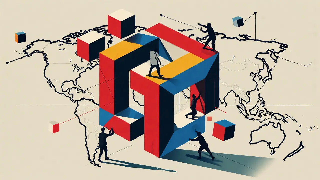Structure géométrique fragmentée représentant une DAO sous surveillance internationale.